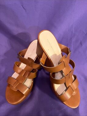 Tommy Hilfiger Brown Leather Woven Wedge Mules